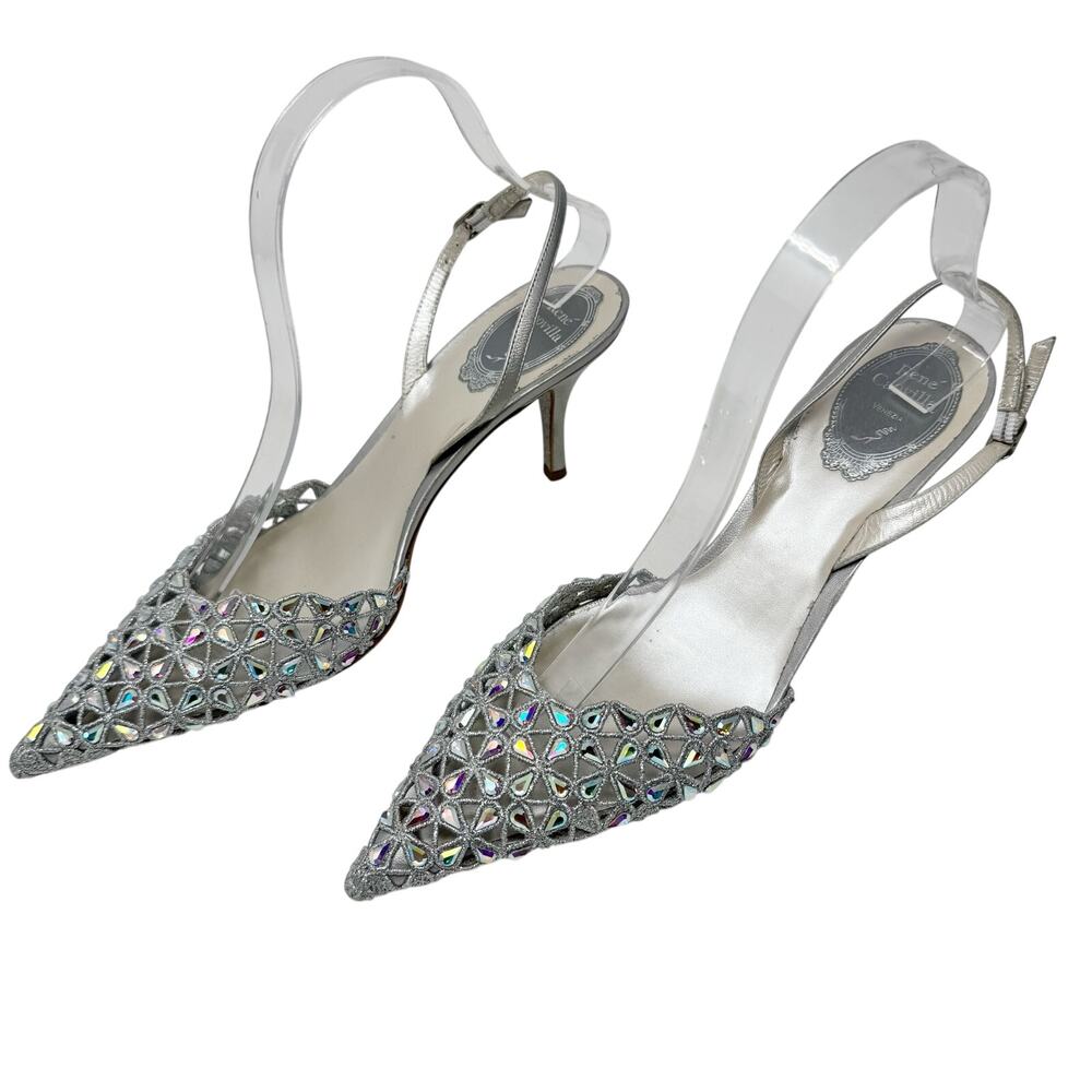 Rene Caovilla Crystal Embellished Slingback Pump Mule Heel Silver Grey 38.5
